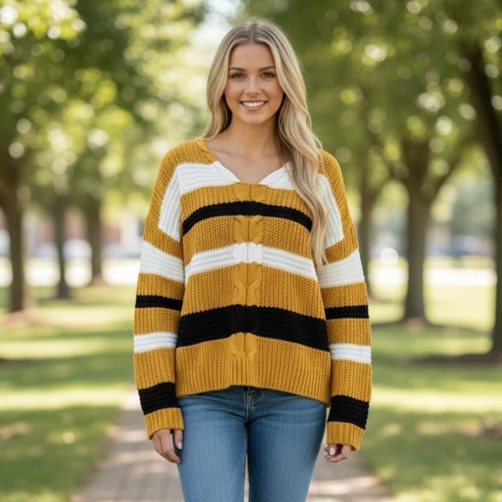 Women's Full Circle Trends Medium Yellow Black Striped Sweater Criss Cross Back
